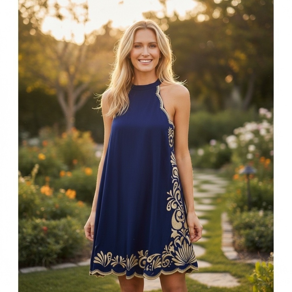 Lilly Pulitzer Navy Blue Gold Embroidered Halter Scallop Shift Dress XXS